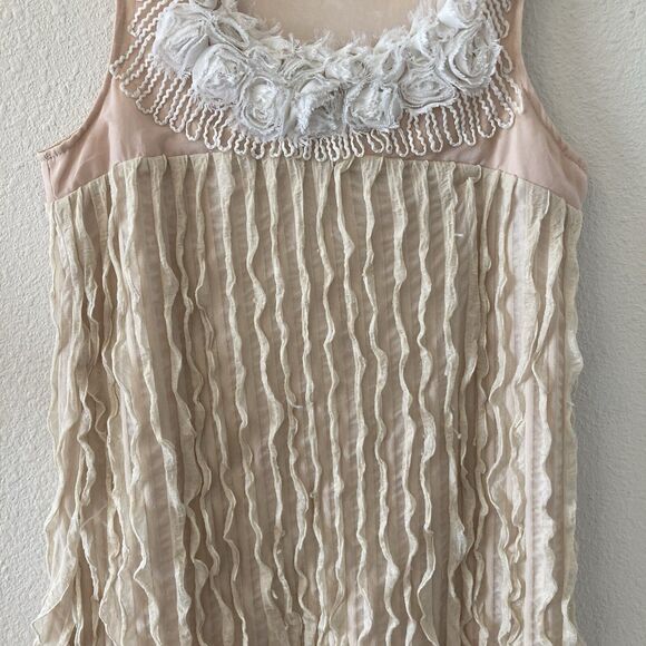 Forla Paris Women's Mini Dress Tan Floral Embellished Textured Shift Sz Sm Boho - Picture 5 of 16